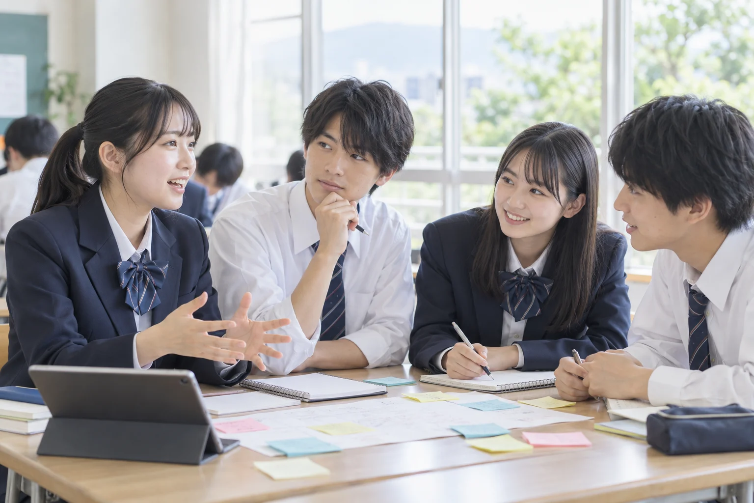 制服姿の生徒たちが教室でアイデアを出し合う様子